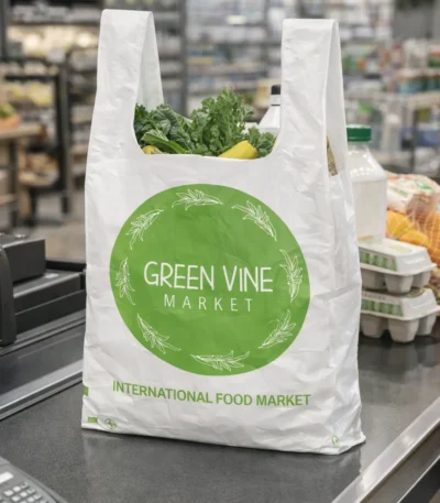 Custom printed white t-shirt plastic carryout bag at a grocery checkout – custom printed packaging by Texas Food Pack