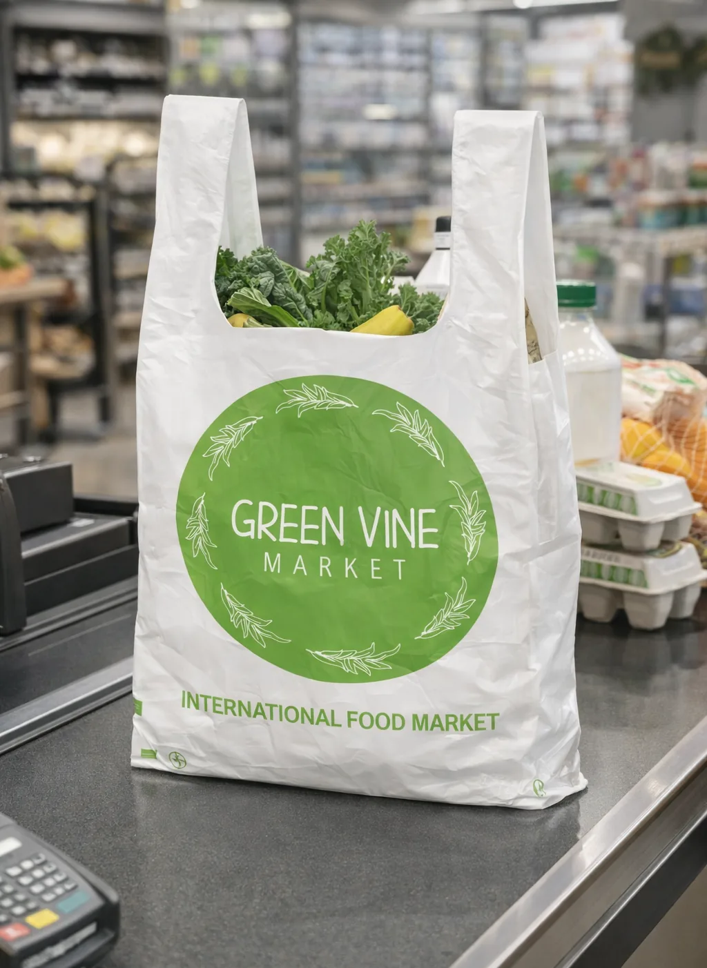 T Shirt Carryout Bags Custom Print Texas Food Pack 1 Custom printed white t-shirt plastic carryout bag at a grocery checkout – custom printed packaging by Texas Food Pack