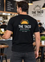 Custom printed black t-shirt restaurant staff uniform – custom printed packaging and branding by Texas Food Pack
